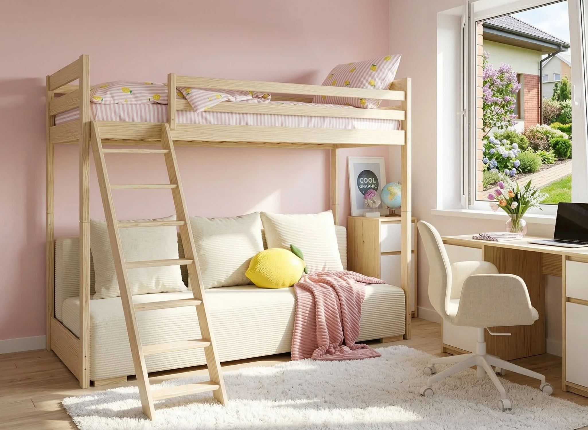 SOFINO 90x200/140x200 furu loftsäng med utdragbar sofa tyg beige Poso 38 Lano Möbler